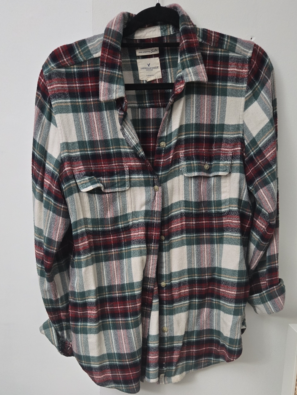 American Eagle Outfitters Green, Red & White Plaid Button-Down Shirt